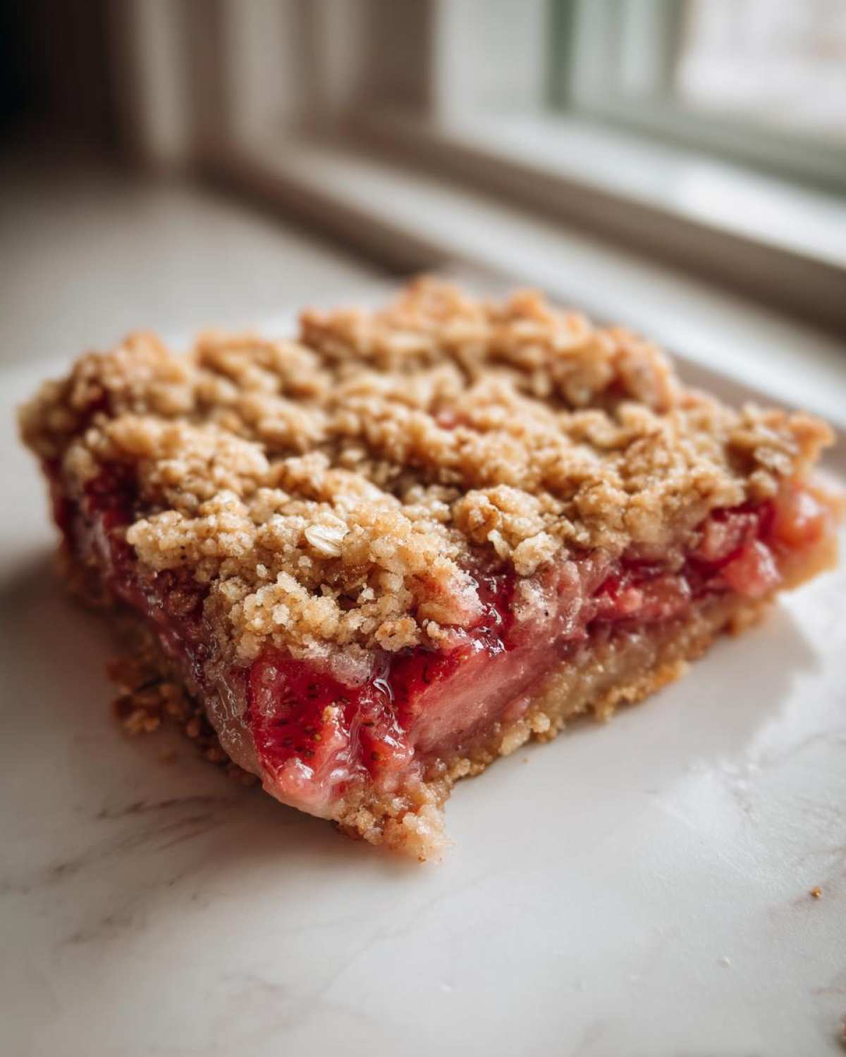 Close-up of a square serving of Strawberry Rhubarb Crisp showing the thick, juicy fruit filling and crumbly oat topping.