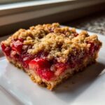 A close-up of a square slice of Strawberry Rhubarb Crisp showing bright red fruit filling and a golden oat crumble topping.