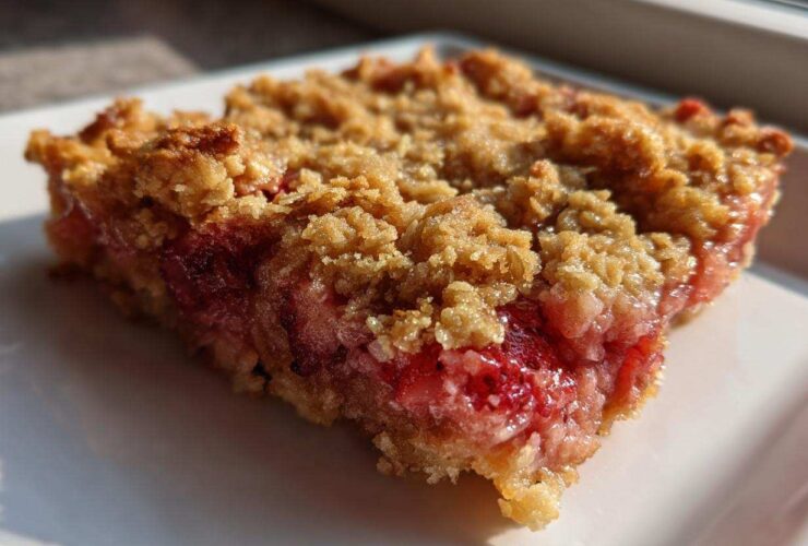 A close-up, sunlit view of a square slice of Strawberry Rhubarb Crisp showing the thick, gooey fruit filling and crunchy oat topping.