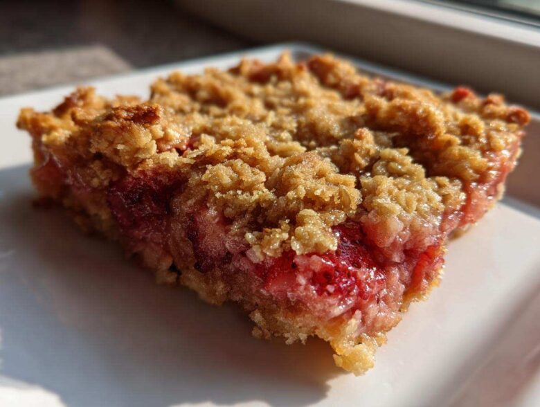 A close-up, sunlit view of a square slice of Strawberry Rhubarb Crisp showing the thick, gooey fruit filling and crunchy oat topping.