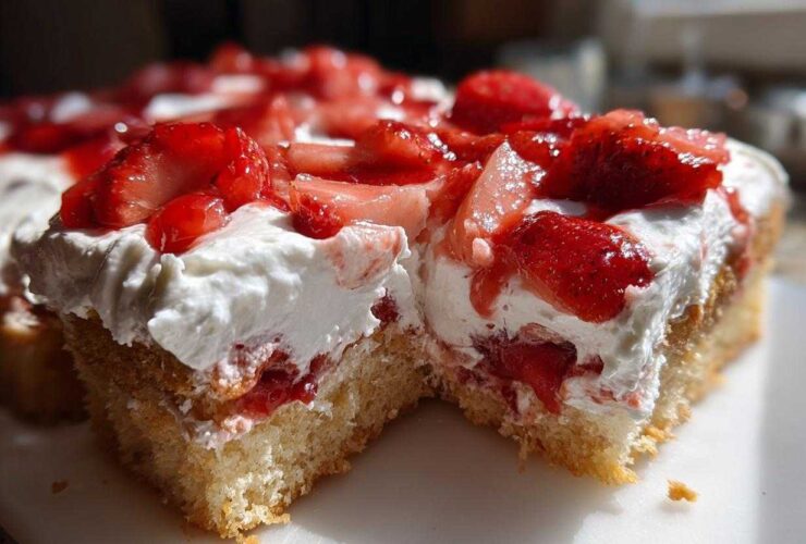 A close-up view of a moist slice of Strawberry Shortcake Sheet Cake topped with whipped cream and fresh strawberries.