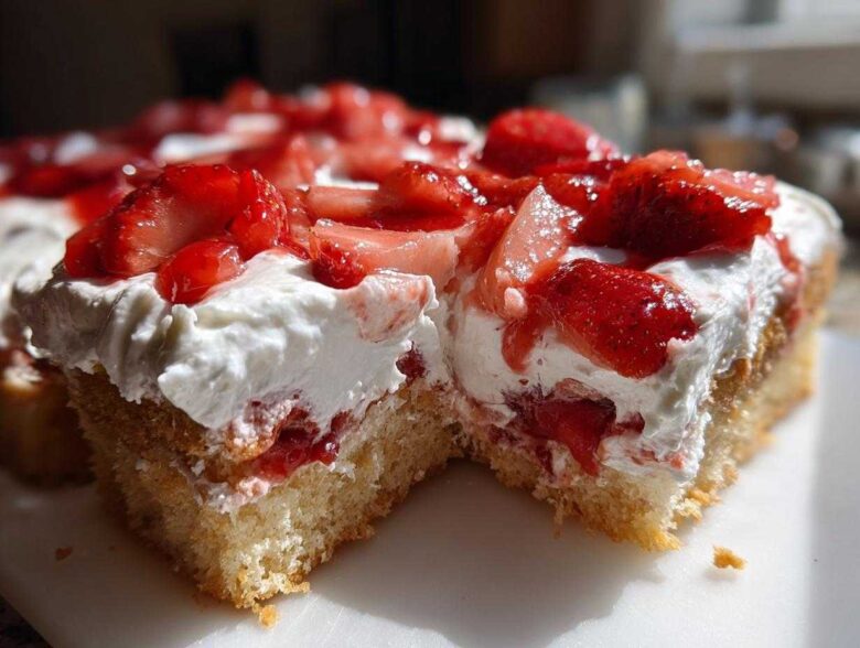 A close-up view of a moist slice of Strawberry Shortcake Sheet Cake topped with whipped cream and fresh strawberries.