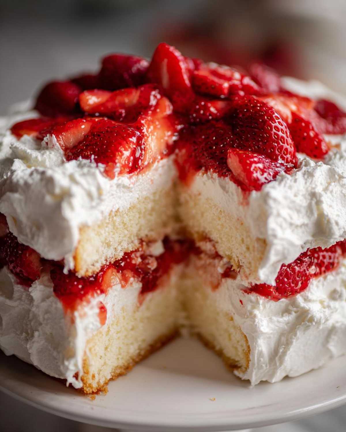 A close-up of a slice removed from a Strawberry Shortcake Sheet Cake showing layers of vanilla cake, whipped cream, and macerated strawberries.