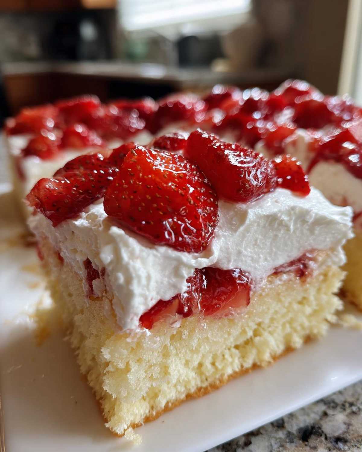 Close-up of a moist slice of Strawberry Shortcake Sheet Cake topped with whipped cream and glazed strawberries.