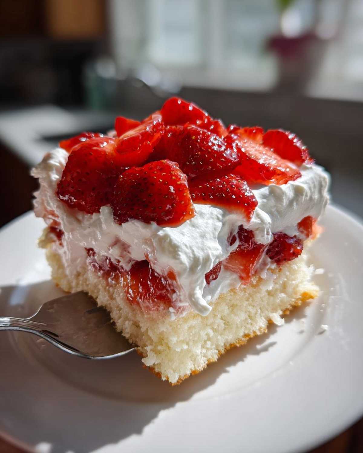 A close-up of a moist slice of Strawberry Shortcake Sheet Cake topped with whipped cream and fresh strawberries.