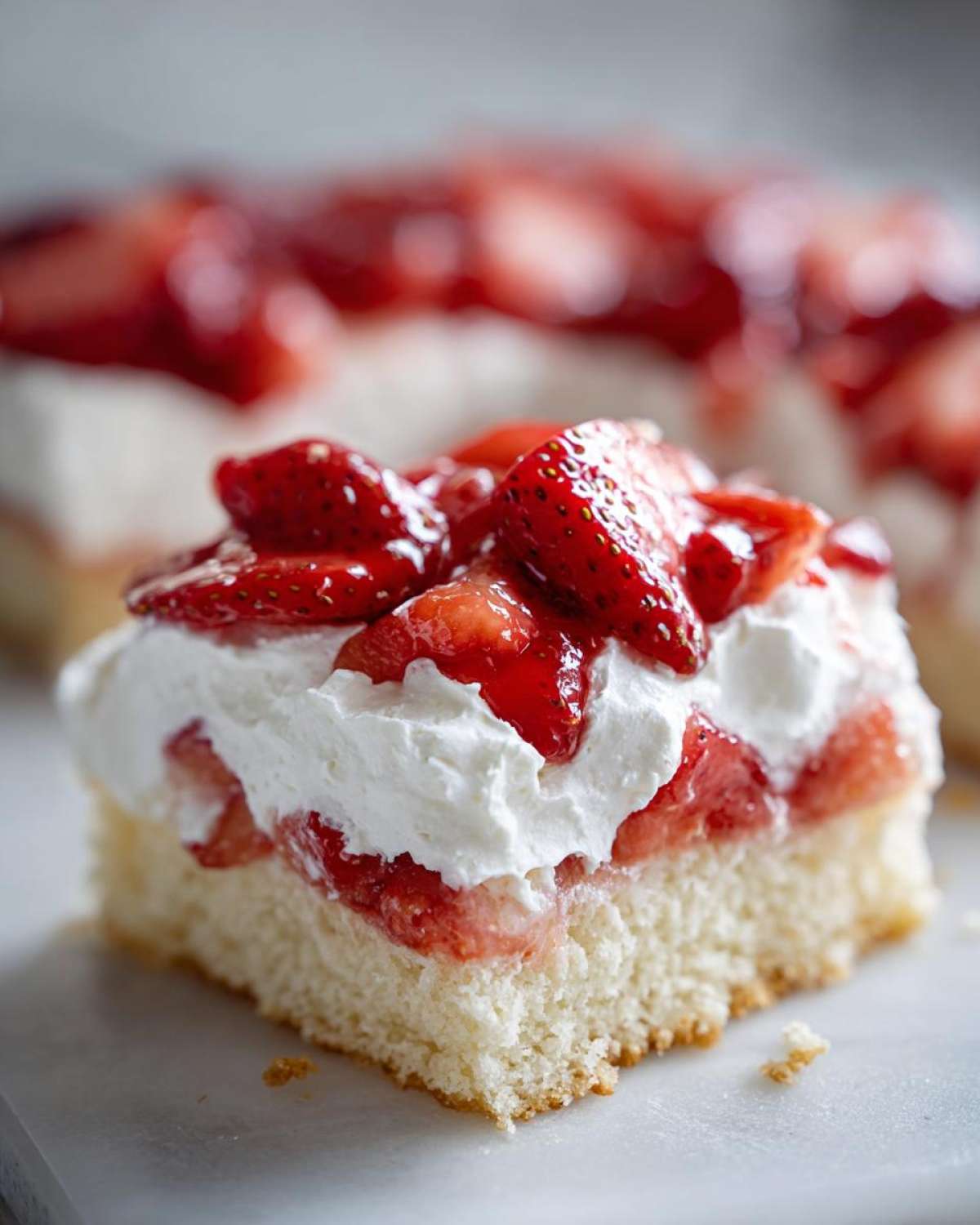 Close-up of a moist slice of Strawberry Shortcake Sheet Cake topped with thick whipped cream and fresh glazed strawberries.