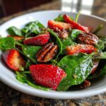 Vibrant close-up of Strawberry Spinach Salad with pecans and poppy seeds glistening from the dressing.
