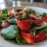 Close-up of a fresh Strawberry Spinach Salad with pecans and creamy poppy seed dressing.