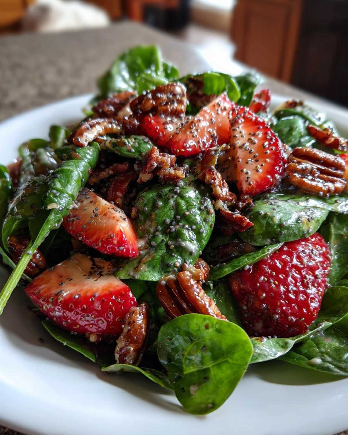 A close-up of a fresh Strawberry Spinach Salad tossed with candied pecans and coated in poppy seed dressing.