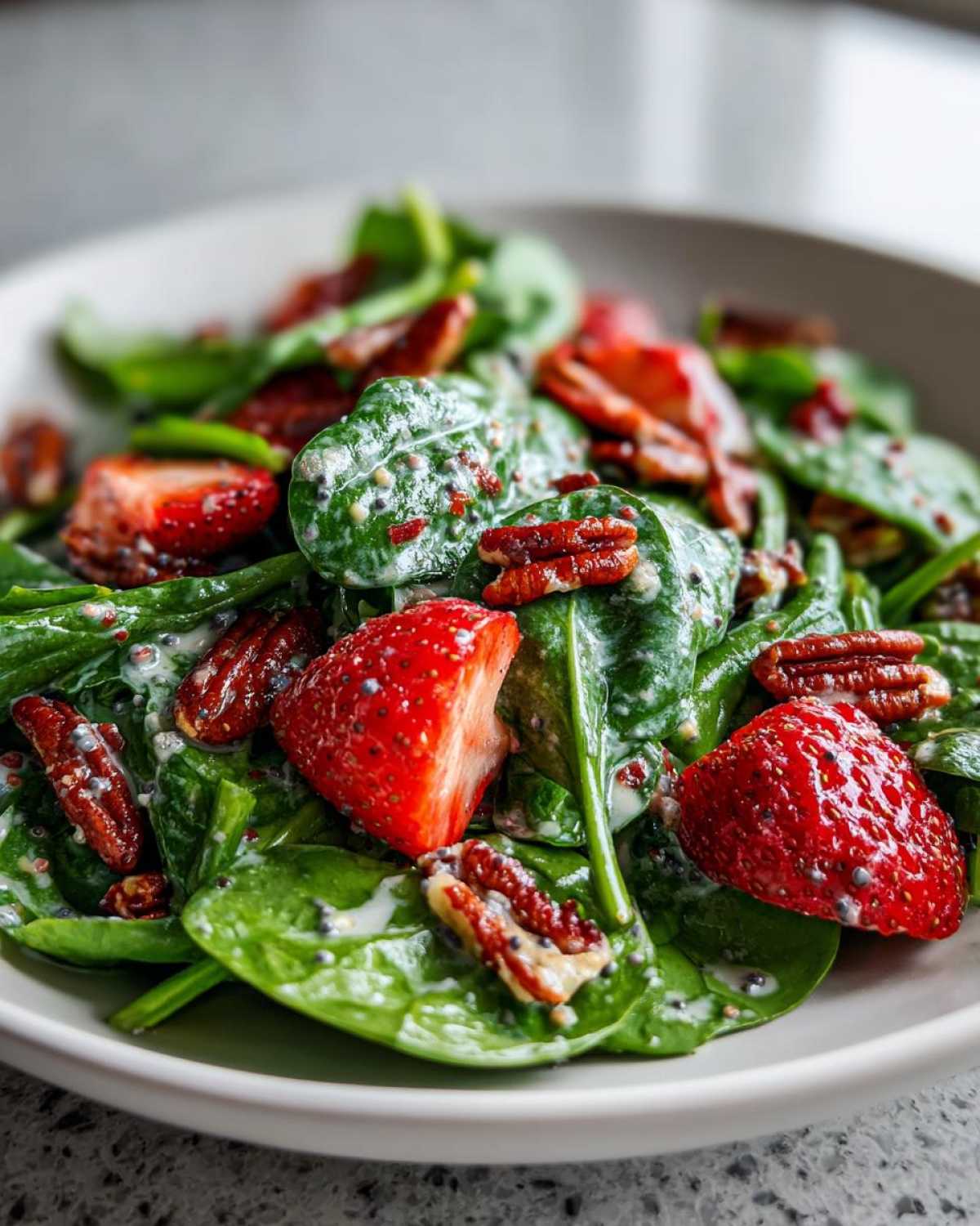 Close-up of Strawberry Spinach Salad with pecans coated in creamy poppy seed dressing.