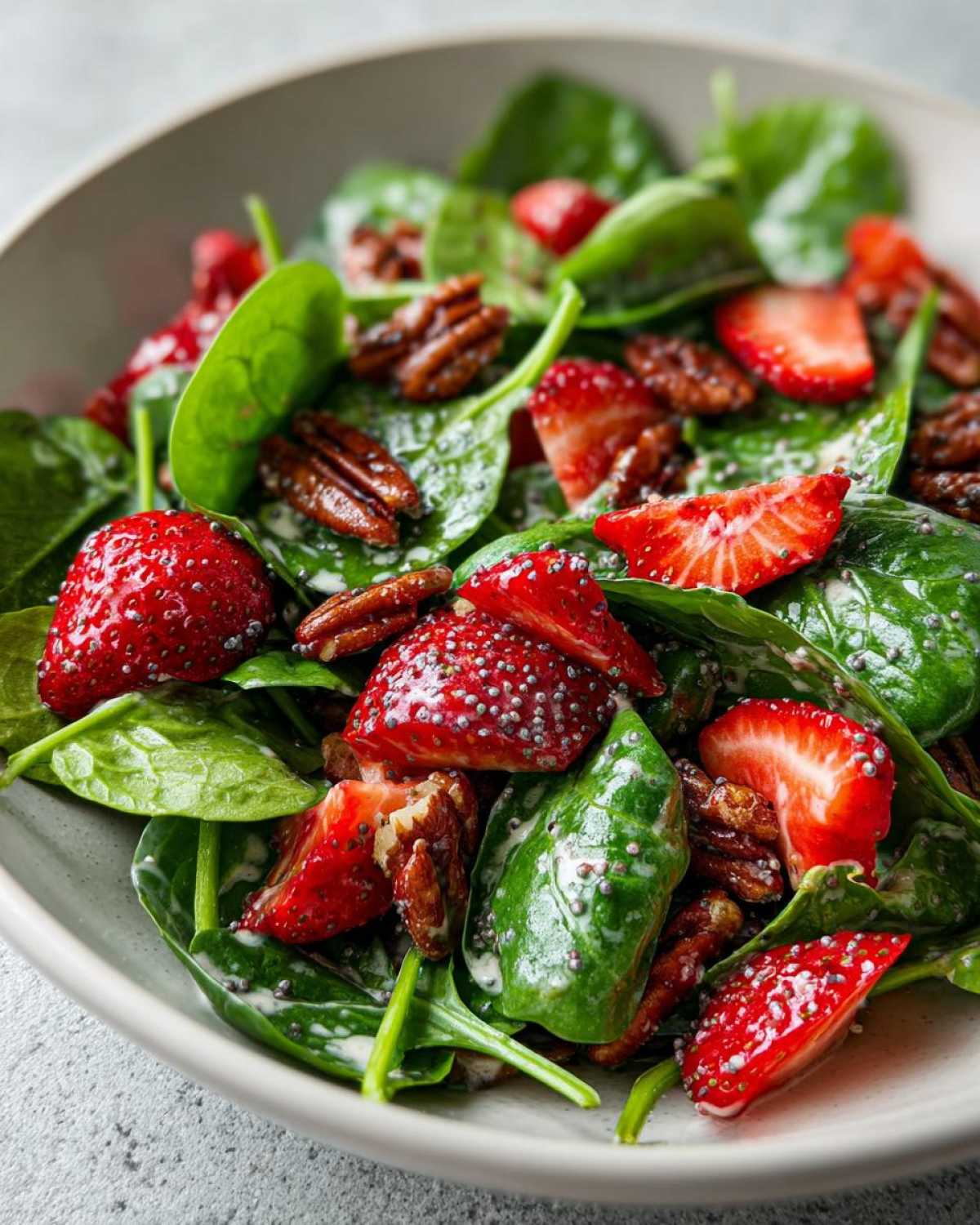 Close-up of a vibrant Strawberry Spinach Salad tossed with pecans and coated in creamy Poppy Seed Dressing.