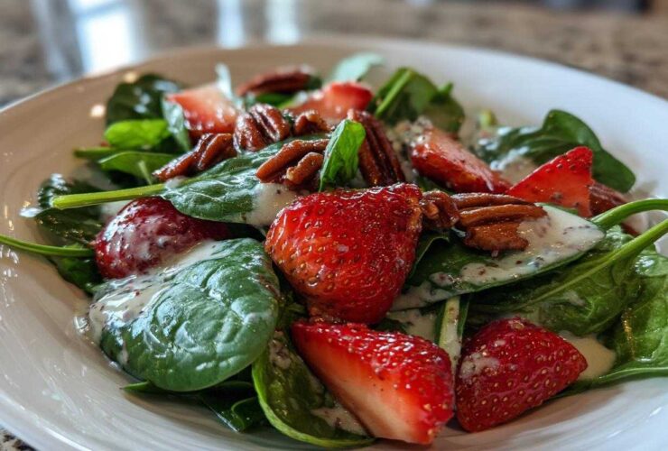 Close-up of a fresh Strawberry Spinach Salad with pecans and creamy poppy seed dressing.