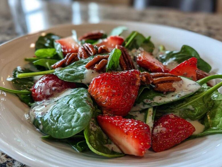Close-up of a fresh Strawberry Spinach Salad with pecans and creamy poppy seed dressing.