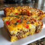 Close-up of a hearty slice of Tater Tot Breakfast Casserole featuring layers of sausage, eggs, melted cheddar, and red peppers.