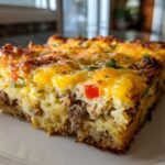 Close-up of a hearty slice of Tater Tot Breakfast Casserole with sausage, eggs, and melted cheese topping.