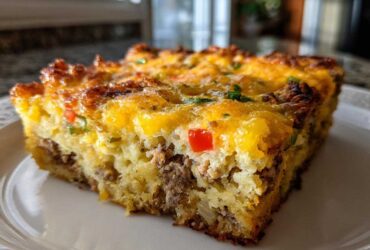 Close-up of a hearty slice of Tater Tot Breakfast Casserole with sausage, eggs, and melted cheese topping.