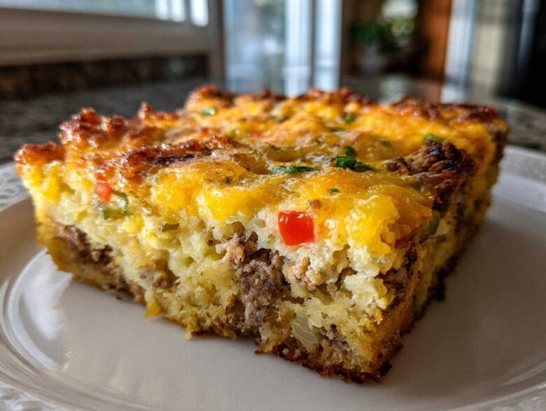 Close-up of a hearty slice of Tater Tot Breakfast Casserole with sausage, eggs, and melted cheese topping.