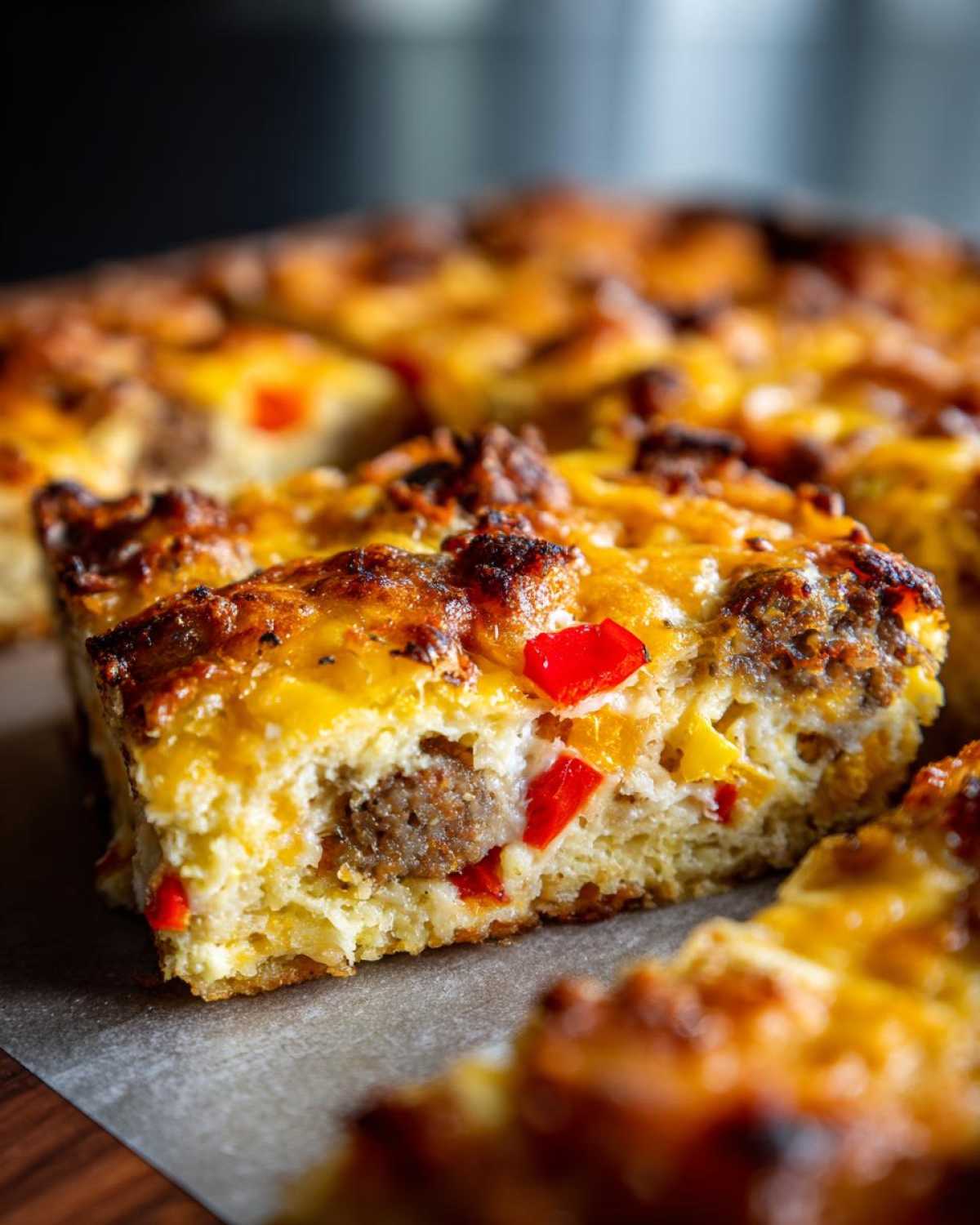 Close-up of a square slice of Tater Tot Breakfast Casserole showing sausage, eggs, and red peppers.