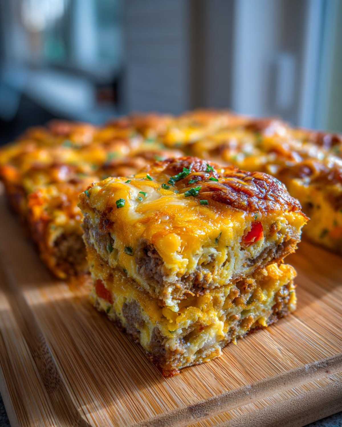 Two stacked squares of Tater Tot Breakfast Casserole showing layers of egg, sausage, and melted cheese.