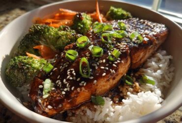 A close-up of a Teriyaki Salmon Rice Bowls featuring a glazed salmon fillet over white rice with broccoli and carrots.