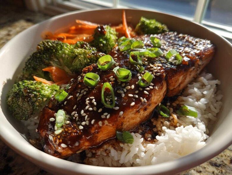 A close-up of a Teriyaki Salmon Rice Bowls featuring a glazed salmon fillet over white rice with broccoli and carrots.