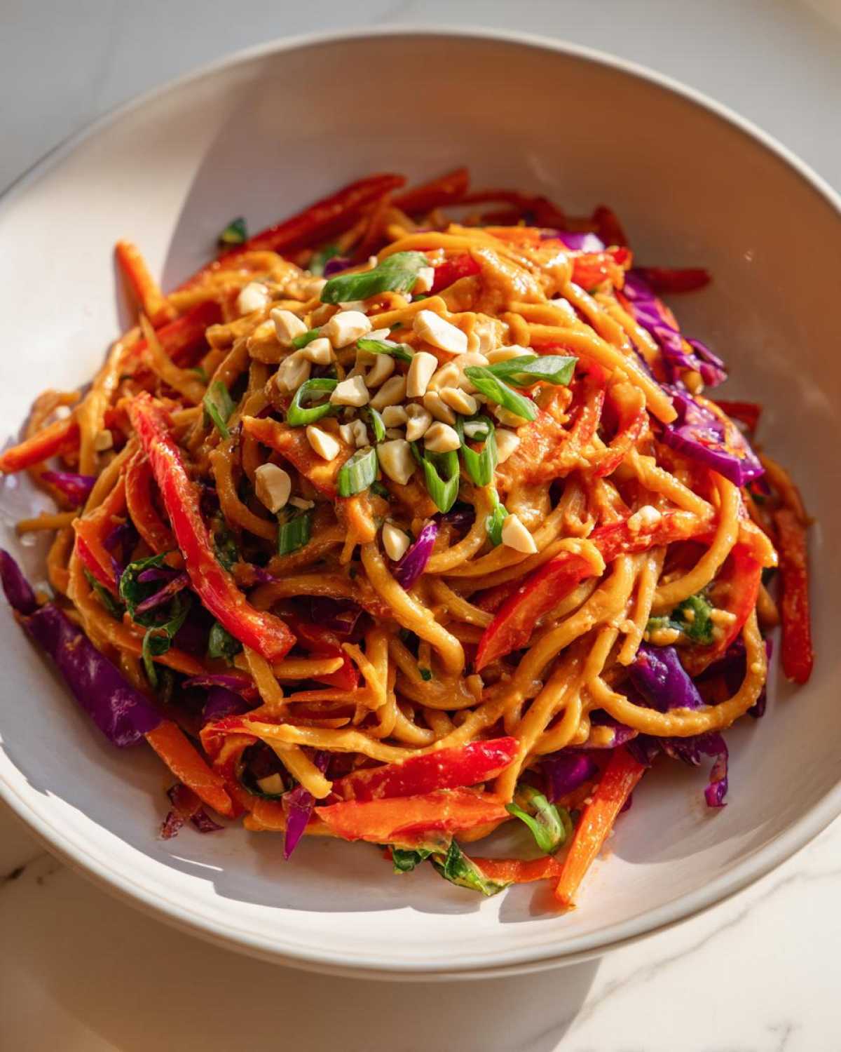 A close-up bowl of creamy Thai Peanut Noodles with Crunchy Veggies, topped with chopped peanuts and green onions.