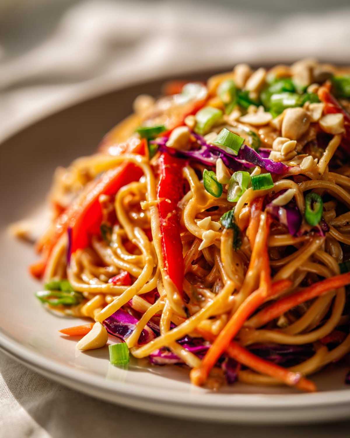 A vibrant close-up of Thai Peanut Noodles with Crunchy Veggies, topped with chopped peanuts and green onions.