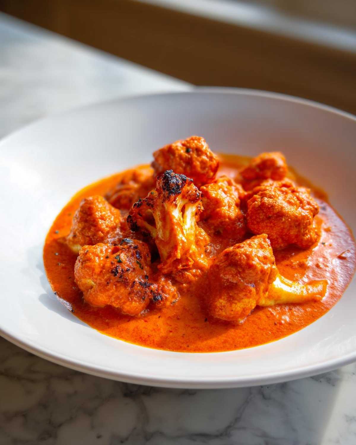 Close-up of roasted cauliflower florets submerged in rich, orange Vegan Cauliflower Tikka Masala sauce in a white bowl.