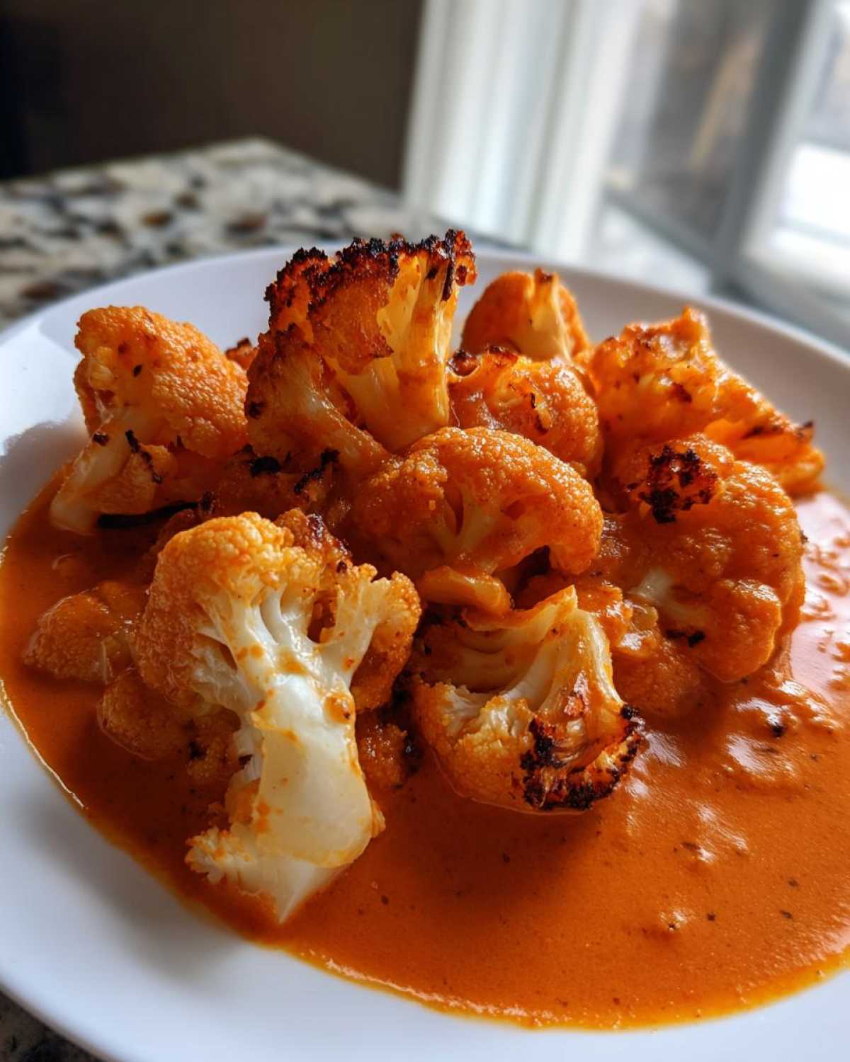 Close-up of roasted cauliflower florets served in a rich, orange Vegan Cauliflower Tikka Masala sauce.