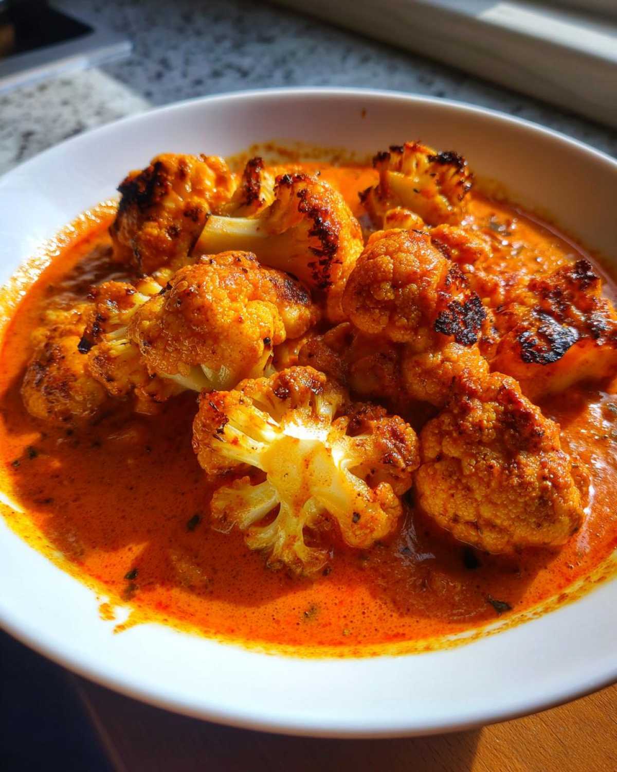 Close-up of roasted cauliflower florets submerged in a rich, orange-red sauce for Vegan Cauliflower Tikka Masala.
