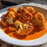 Close-up of charred cauliflower florets served in a vibrant orange Vegan Cauliflower Tikka Masala sauce in a white bowl.
