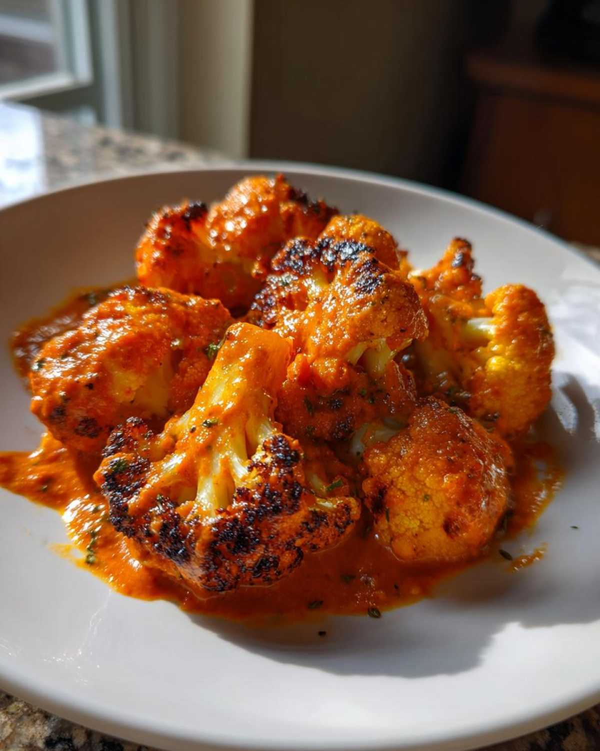 Close-up of roasted cauliflower florets coated in rich, orange Vegan Cauliflower Tikka Masala sauce.