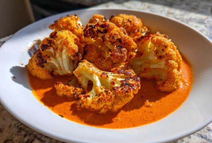 Close-up of charred cauliflower florets served in a vibrant orange Vegan Cauliflower Tikka Masala sauce in a white bowl.
