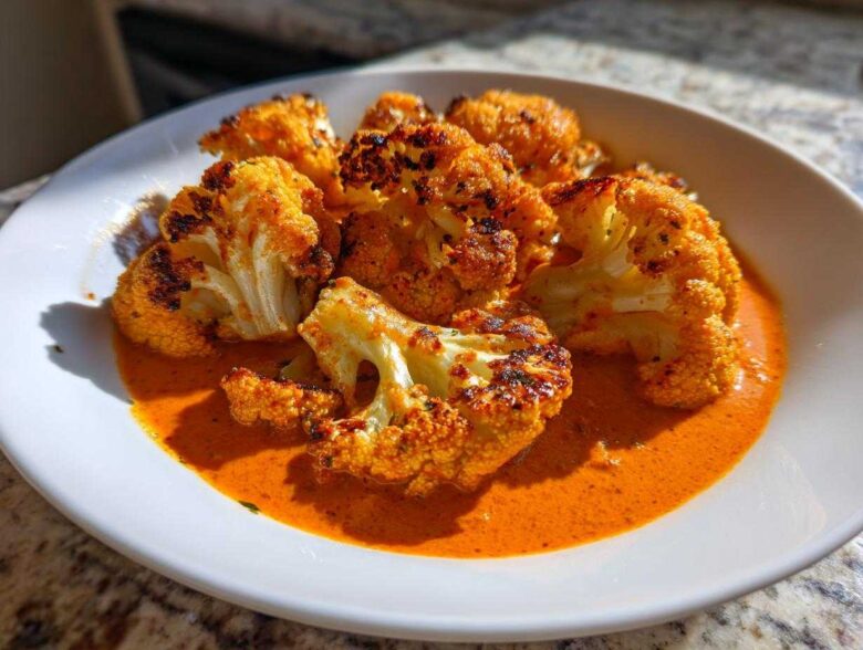 Close-up of charred cauliflower florets served in a vibrant orange Vegan Cauliflower Tikka Masala sauce in a white bowl.