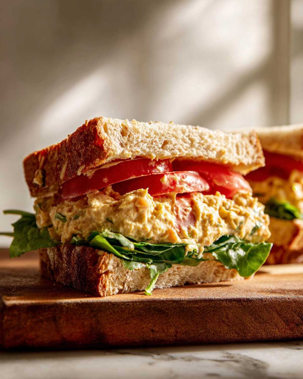 A hearty Vegan Chickpea Salad Sandwich made with whole grain bread, creamy filling, lettuce, and tomato slices.