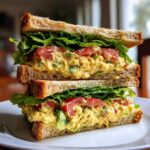 A towering, double-decker Vegan Chickpea Salad Sandwich stacked high with yellow chickpea mash, lettuce, and tomato.