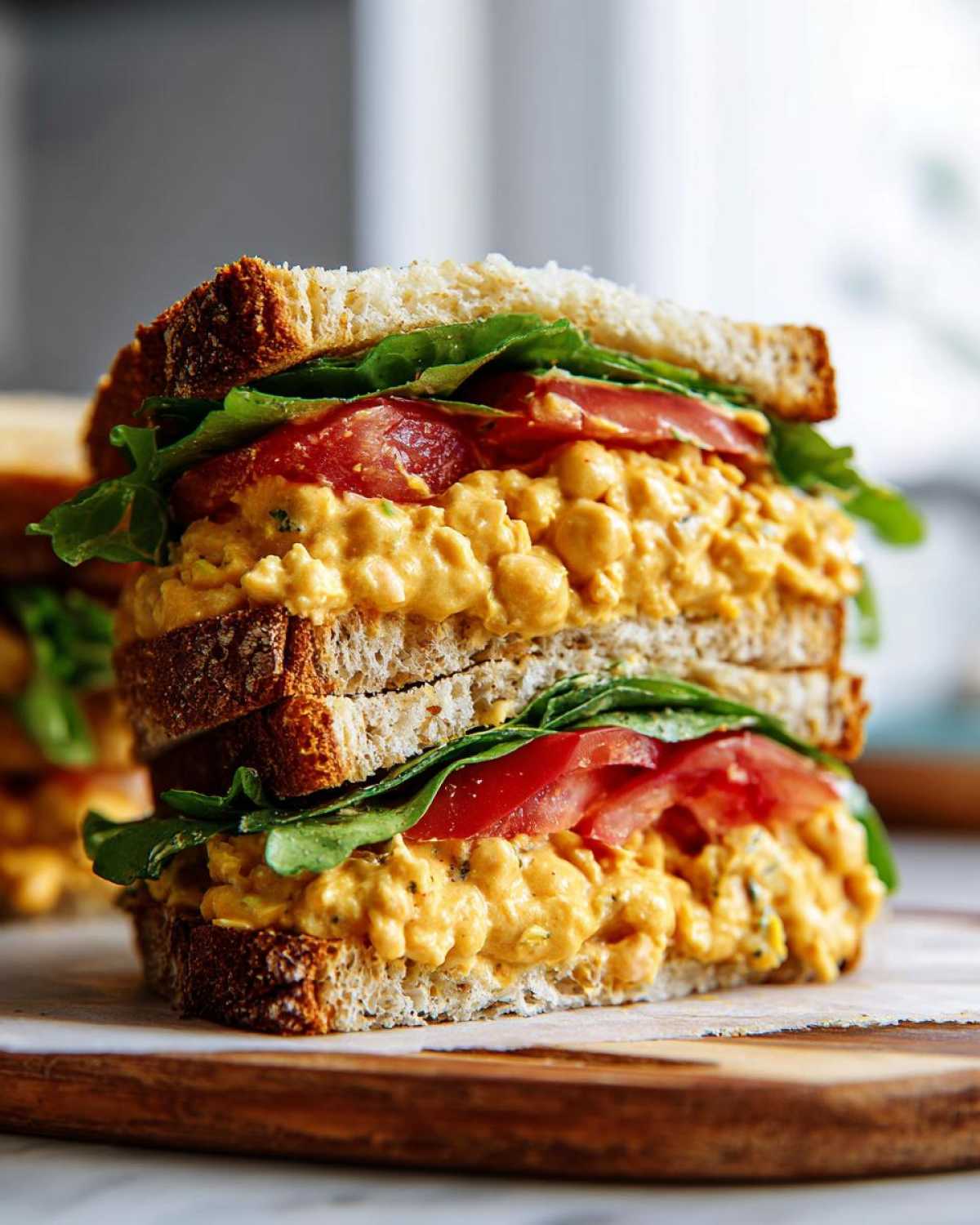 Close-up of a stacked Vegan Chickpea Salad Sandwich on toasted bread with thick layers of chickpea salad, tomato, and arugula.