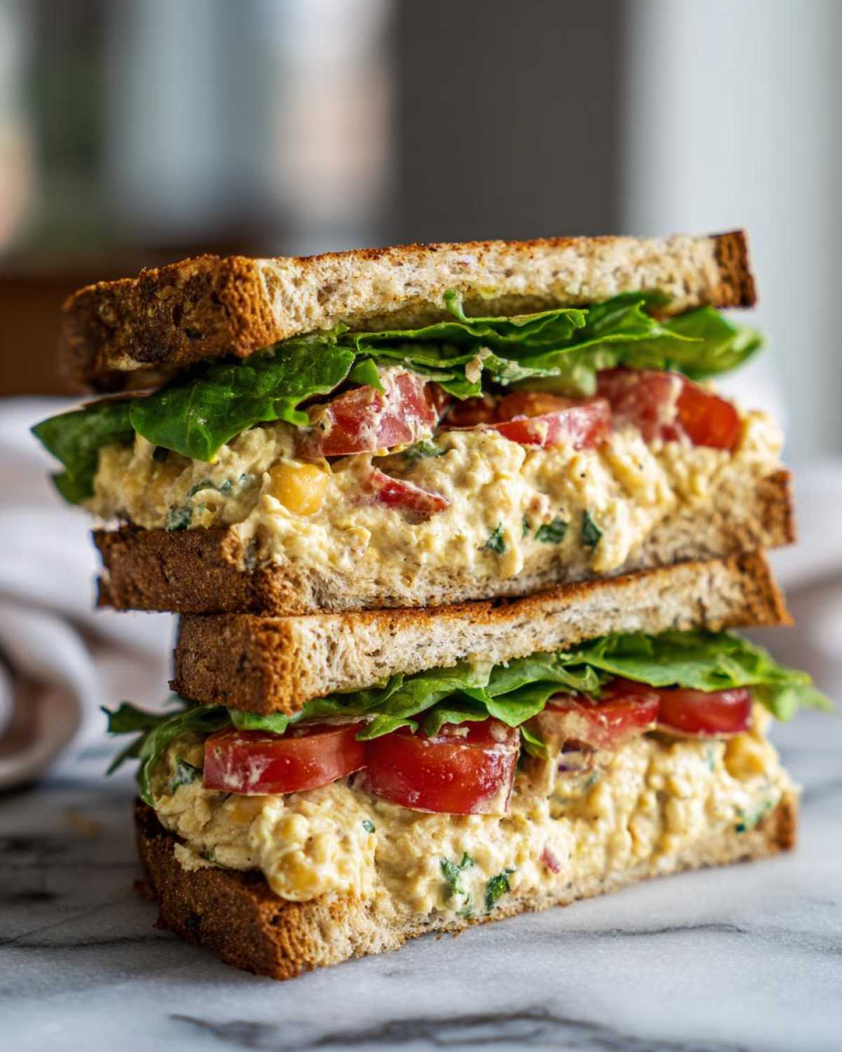 Two halves of a Vegan Chickpea Salad Sandwich stacked, featuring creamy filling, tomatoes, and lettuce on toasted whole wheat bread.