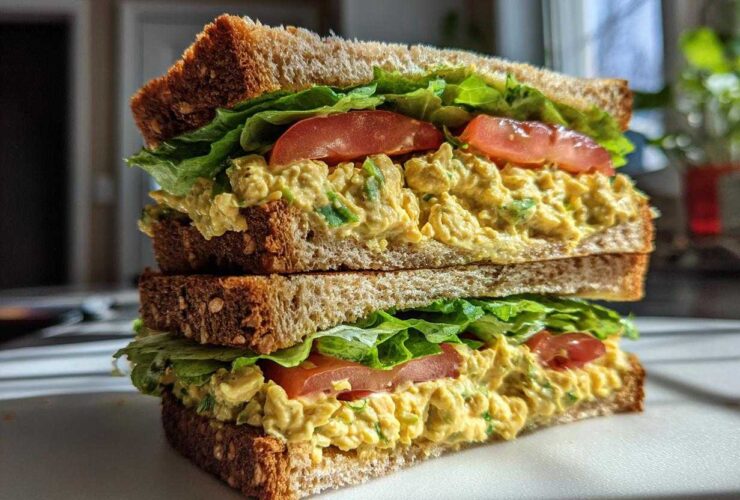 A tall, stacked Vegan Chickpea Salad Sandwich featuring yellow chickpea filling, lettuce, and tomato on whole grain bread.