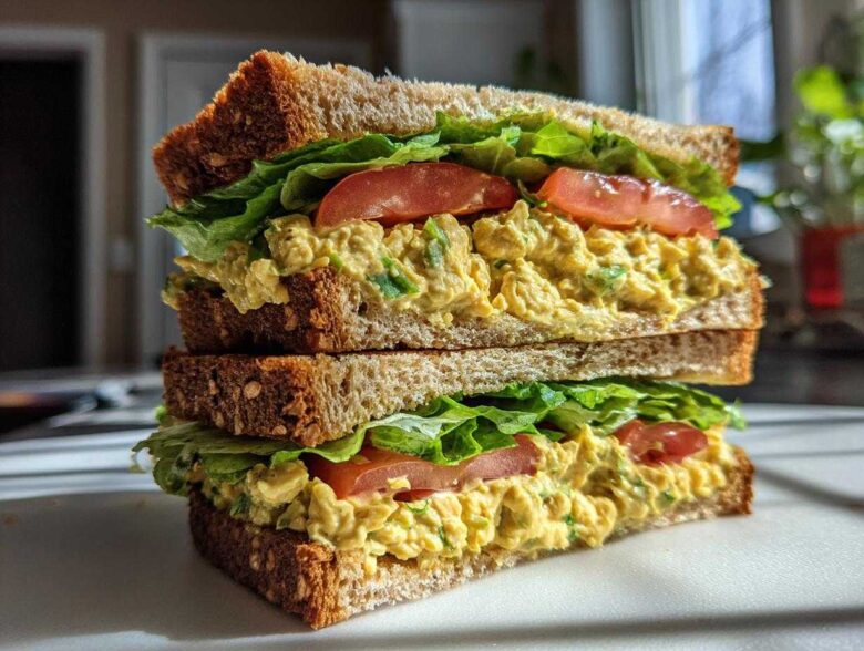 A tall, stacked Vegan Chickpea Salad Sandwich featuring yellow chickpea filling, lettuce, and tomato on whole grain bread.