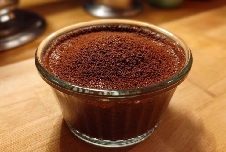 Close-up of rich Vegan Chocolate Avocado Mousse topped with cocoa powder in a glass ramekin.