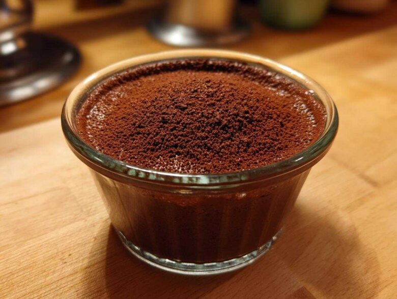 Close-up of rich Vegan Chocolate Avocado Mousse topped with cocoa powder in a glass ramekin.