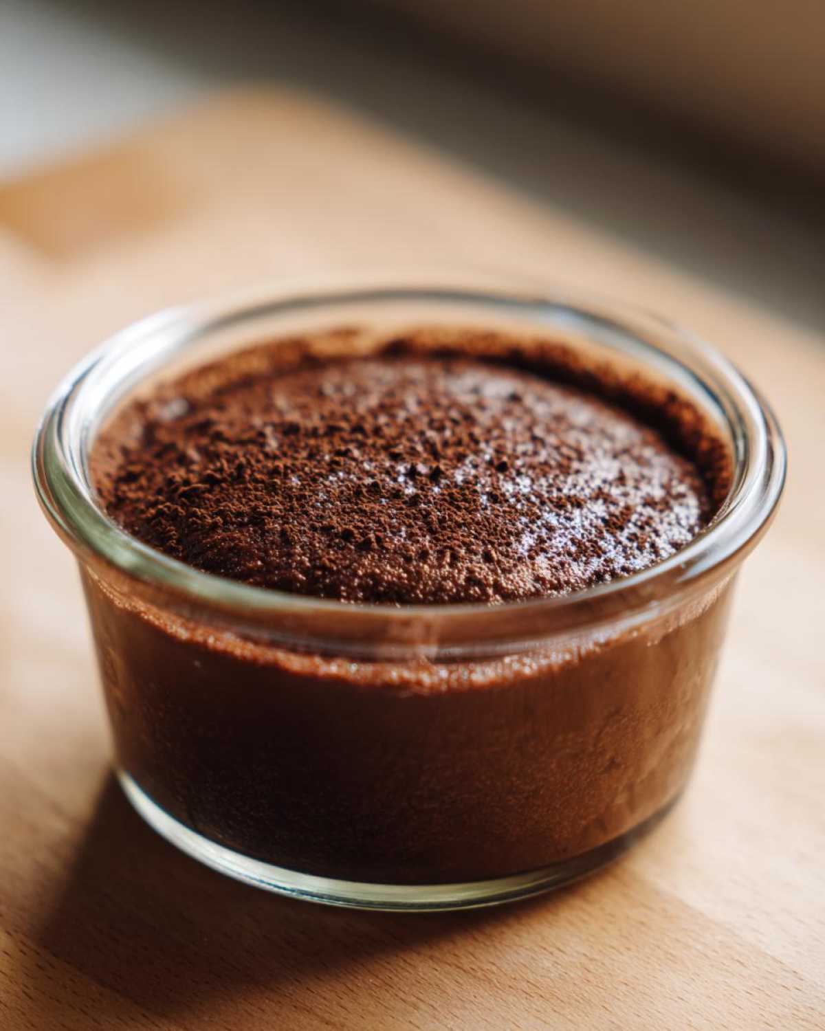 A single serving of rich Vegan Chocolate Avocado Mousse in a small glass ramekin, topped with cocoa powder.
