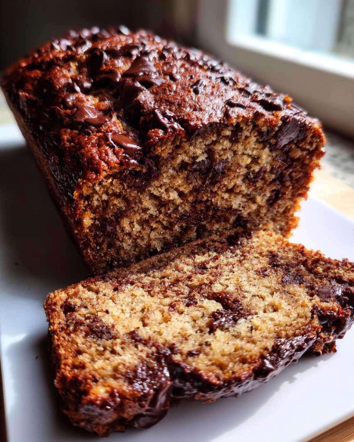 Close-up of a loaf of Vegan Chocolate Banana Bread, partially sliced, showing moist interior and melted chocolate chips.