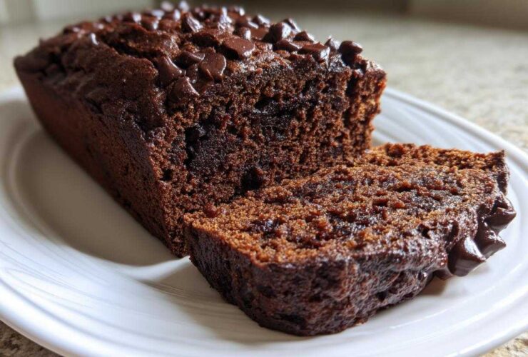 A loaf of moist Vegan Chocolate Banana Bread, partially sliced, topped with melted chocolate chips.