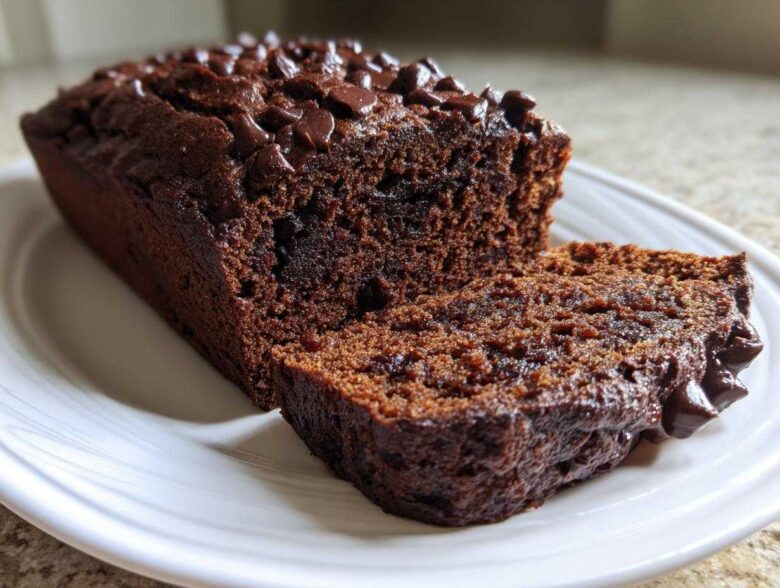 A loaf of moist Vegan Chocolate Banana Bread, partially sliced, topped with melted chocolate chips.