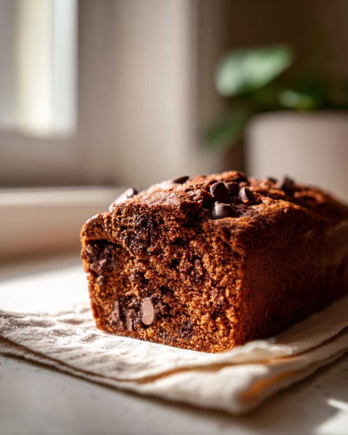 Close-up of a freshly baked Vegan Chocolate Banana Bread loaf topped with chocolate chips, resting on a linen cloth.