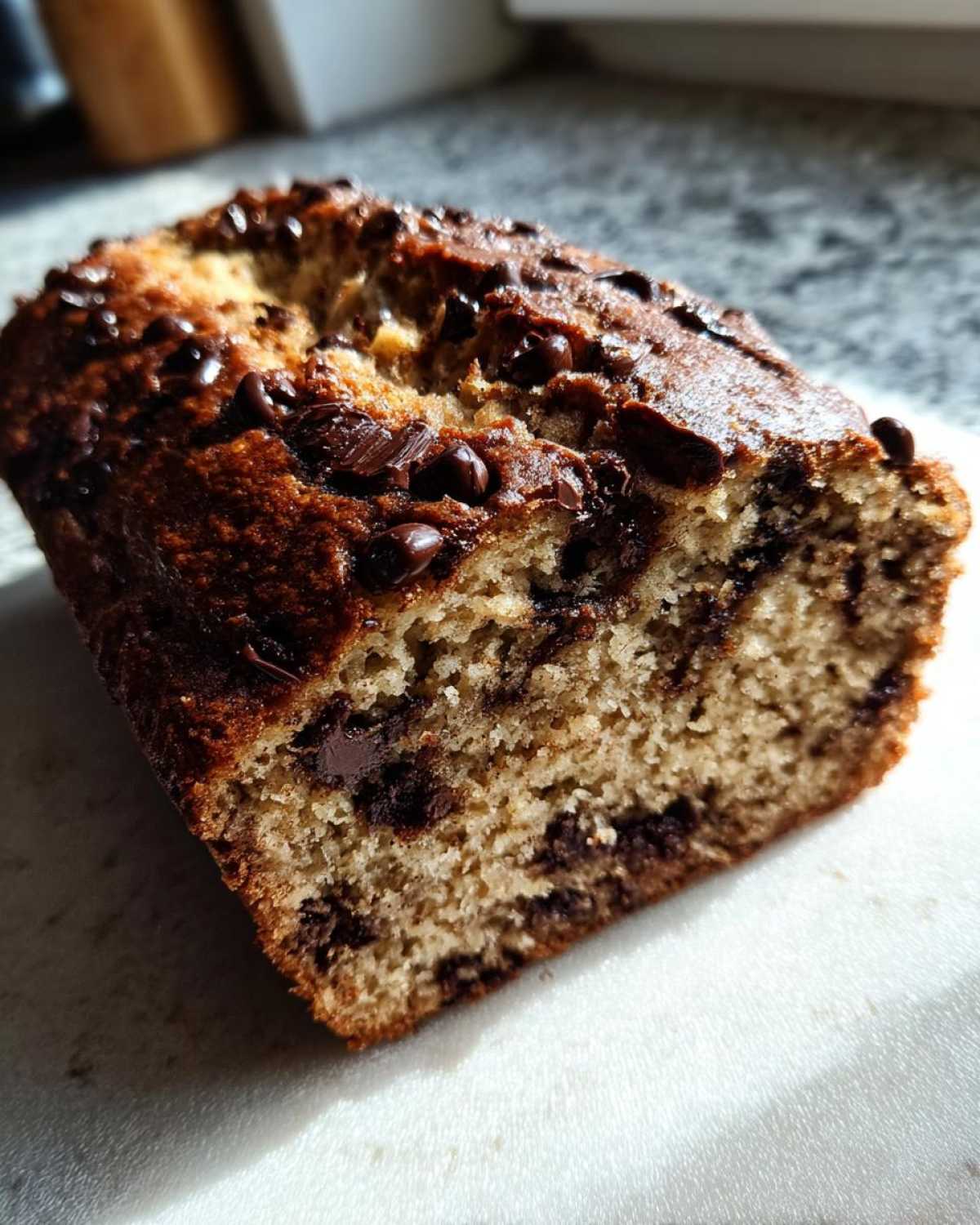 Close-up of a moist slice of Vegan Chocolate Banana Bread, studded with melted chocolate chips.