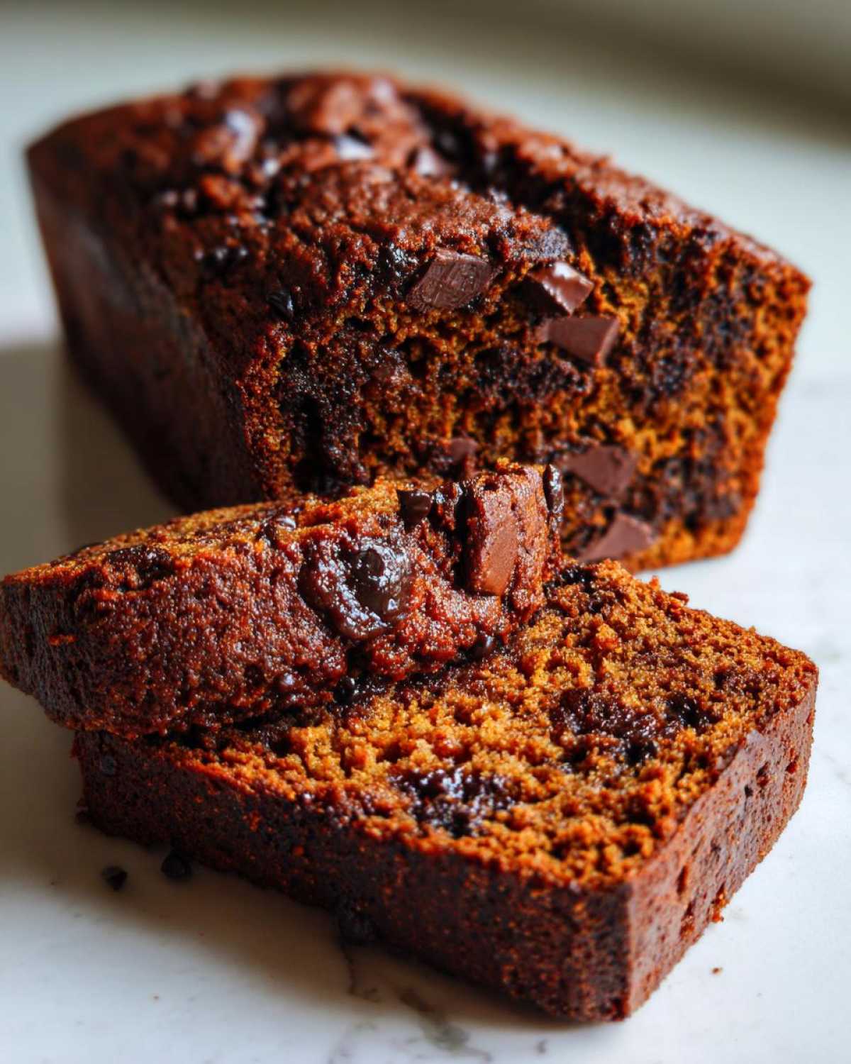 Close-up of moist Vegan Chocolate Banana Bread loaf with visible chocolate chunks, one slice cut.