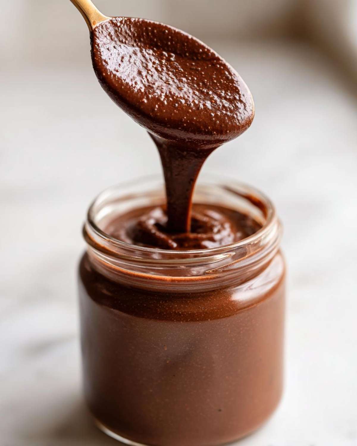 A wooden spoon scoops thick, rich Vegan Chocolate Chia Pudding from a glass jar.